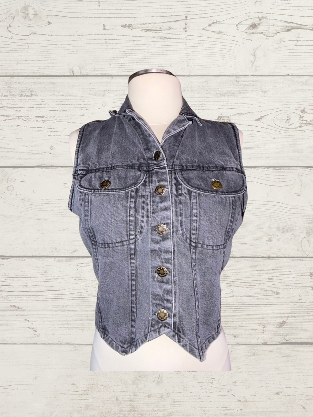 Vintage Carol's Denims Cropped Washed Black Denim Jean Vest Brass Buttons Y2K M